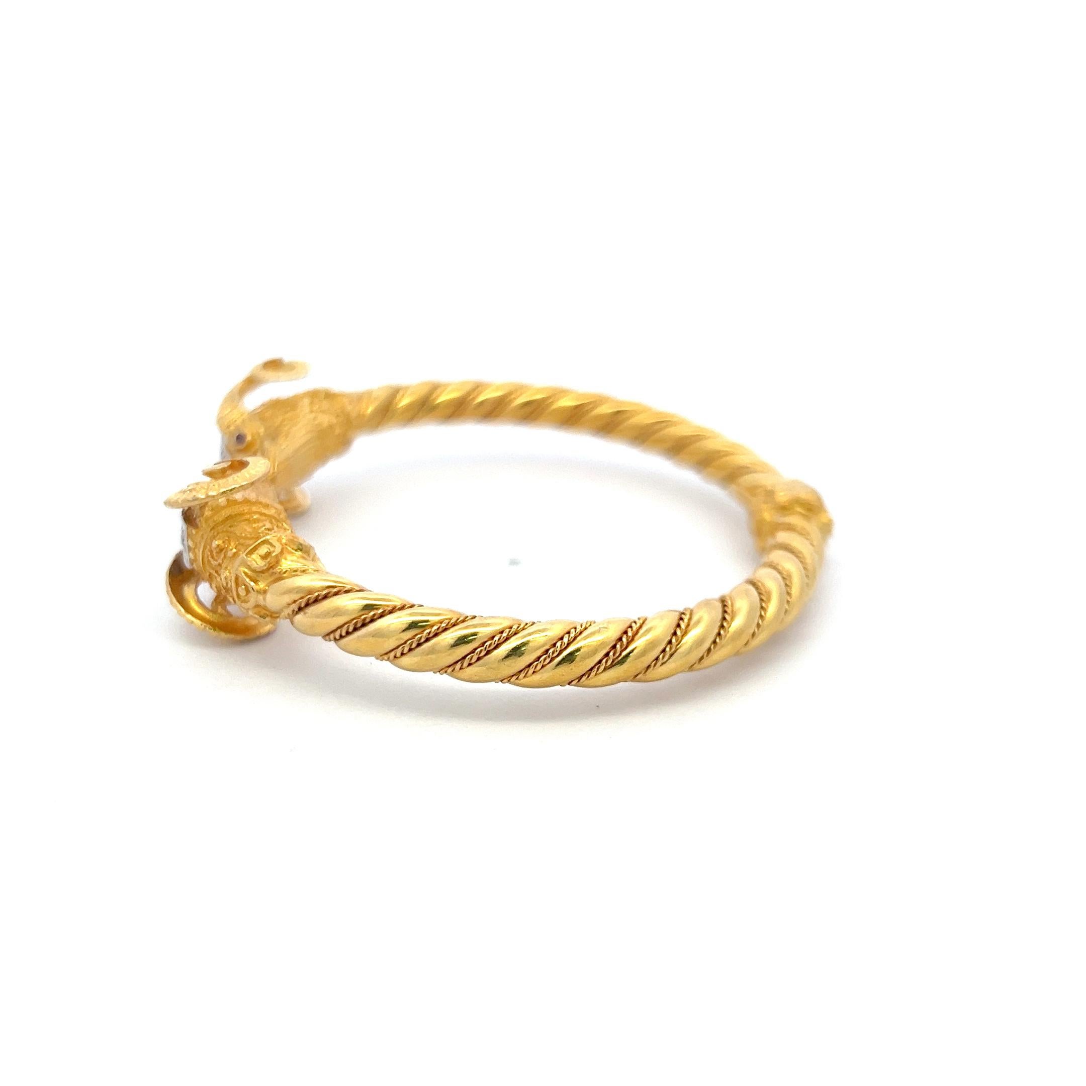 0.24ct Round Brilliant Diamond Ram Head Bangle Bracelet in 18K Two-Tone Gold In Good Condition For Sale In New York, NY