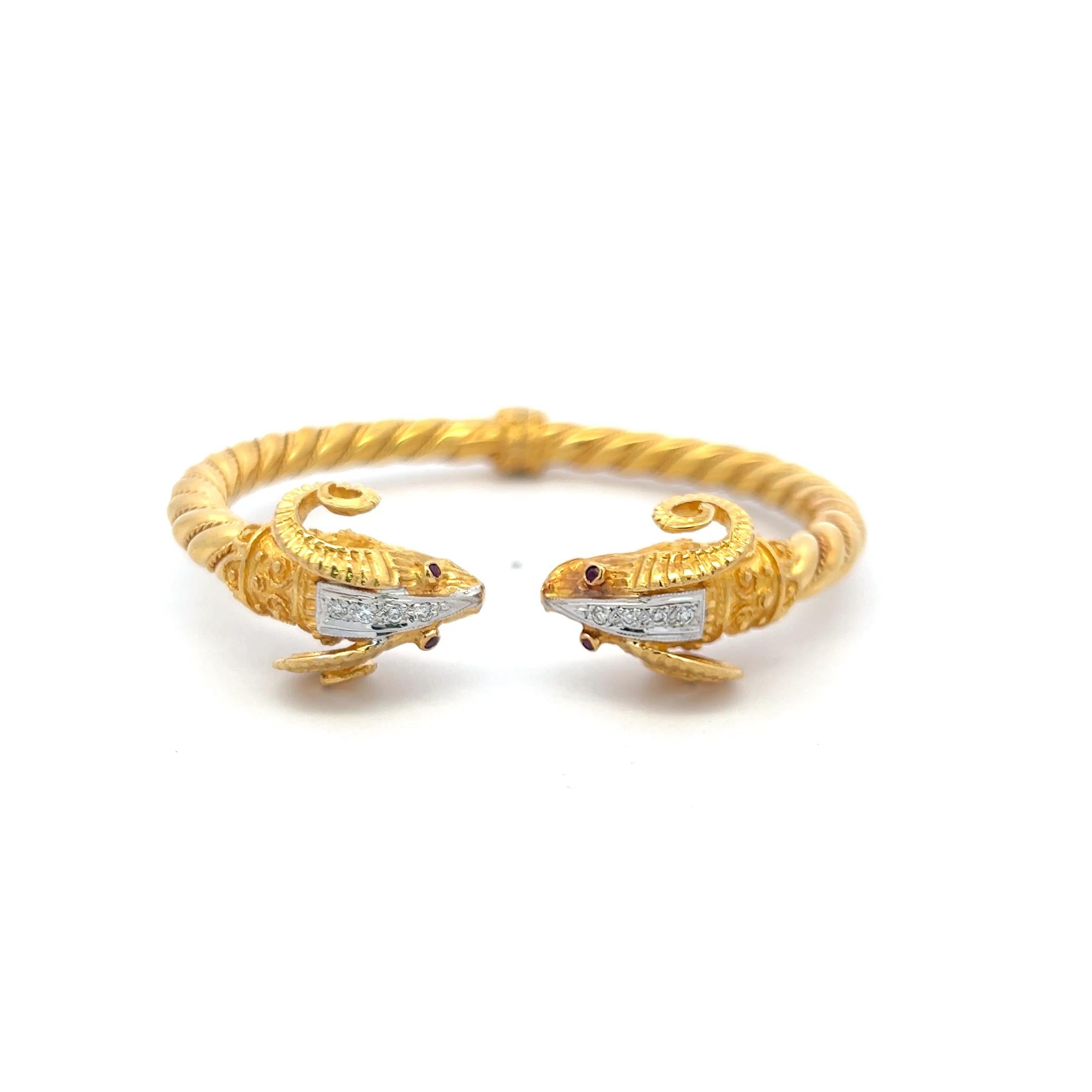 Women's 0.24ct Round Brilliant Diamond Ram Head Bangle Bracelet in 18K Two-Tone Gold For Sale