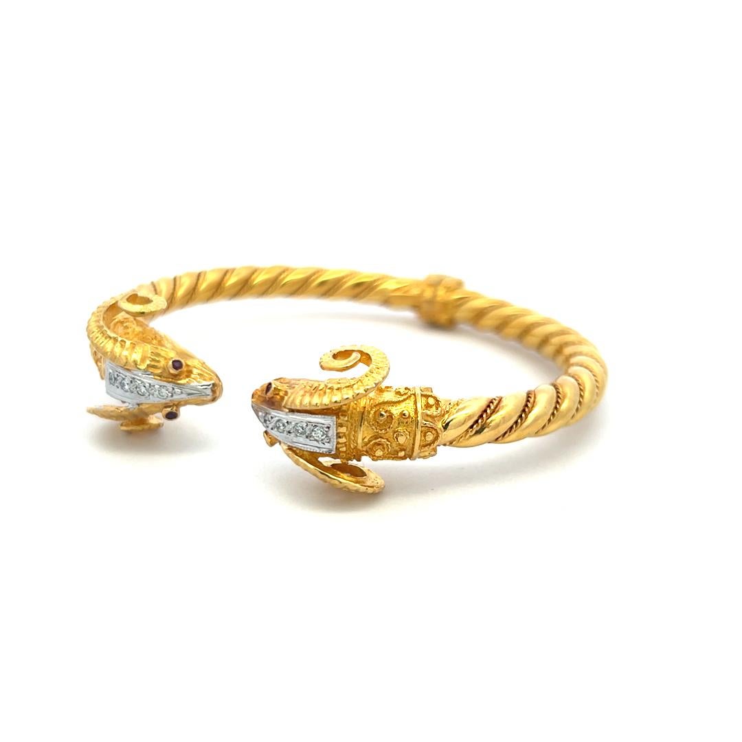 0.24ct Round Brilliant Diamond Ram Head Bangle Bracelet in 18K Two-Tone Gold For Sale 1