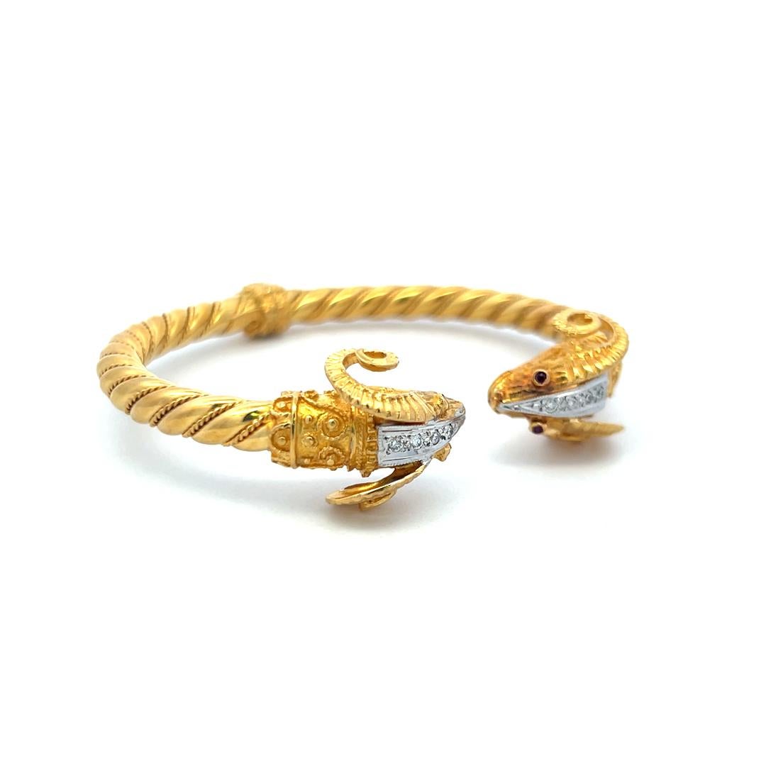 0.24ct Round Brilliant Diamond Ram Head Bangle Bracelet in 18K Two-Tone Gold For Sale 2