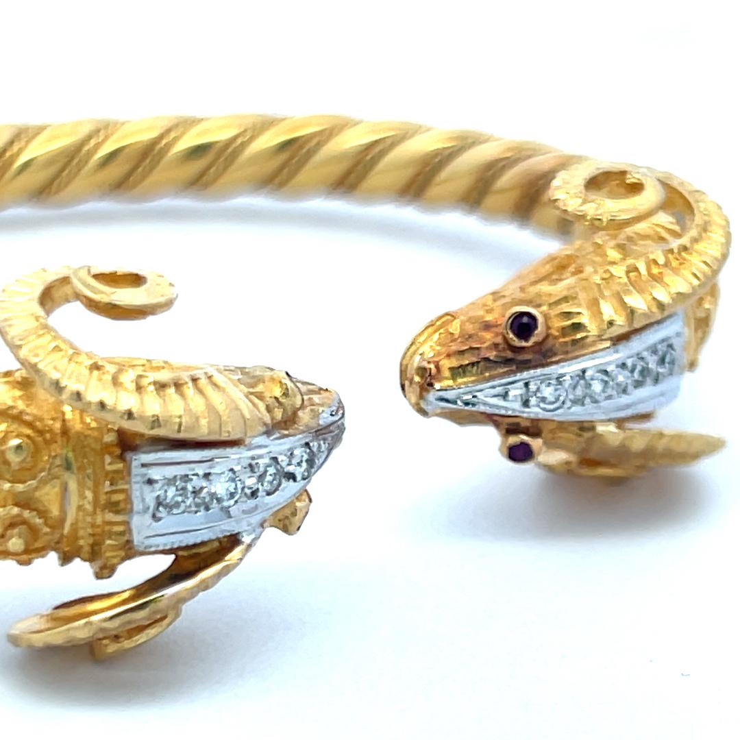 0.24ct Round Brilliant Diamond Ram Head Bangle Bracelet in 18K Two-Tone Gold For Sale 3