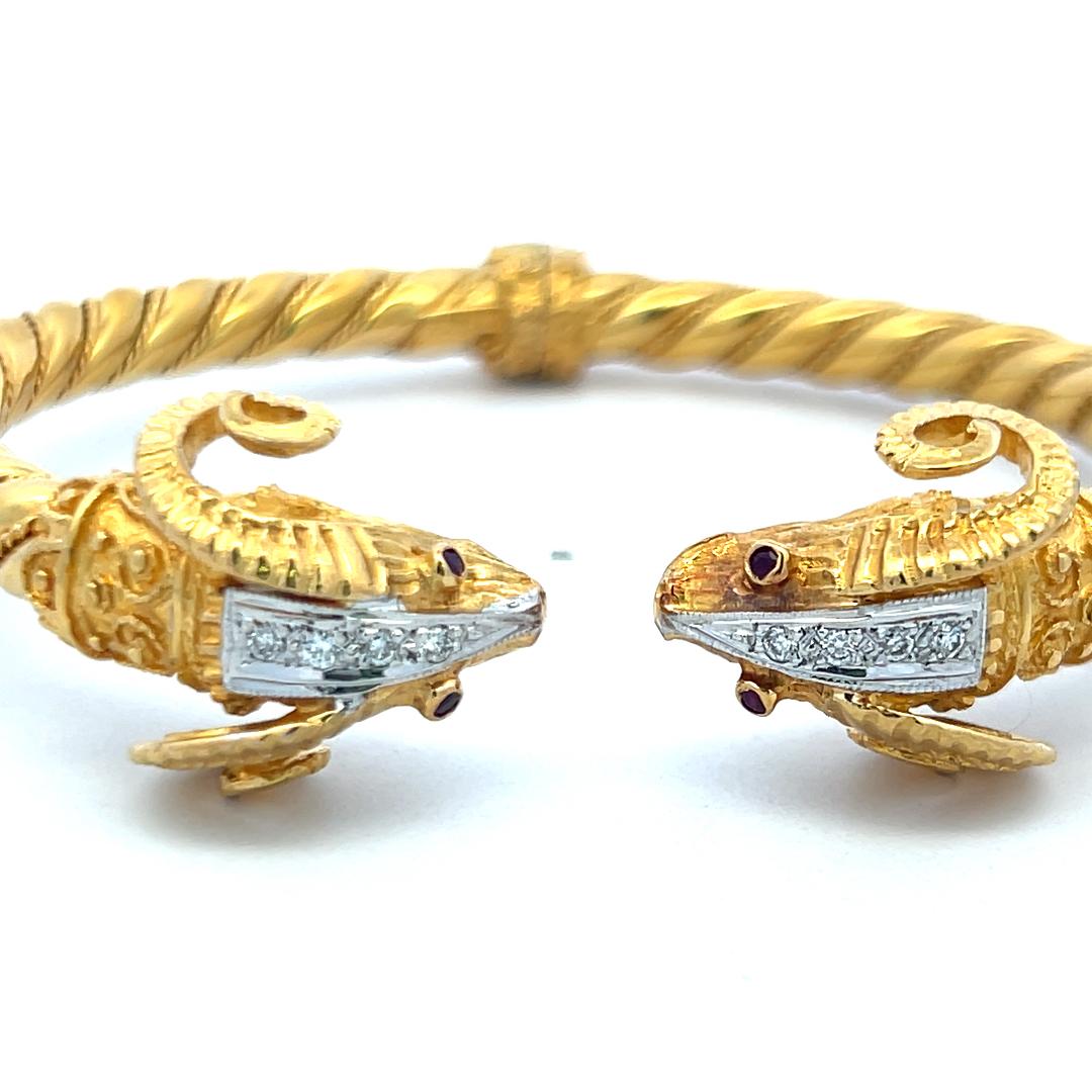0.24ct Round Brilliant Diamond Ram Head Bangle Bracelet in 18K Two-Tone Gold For Sale 4
