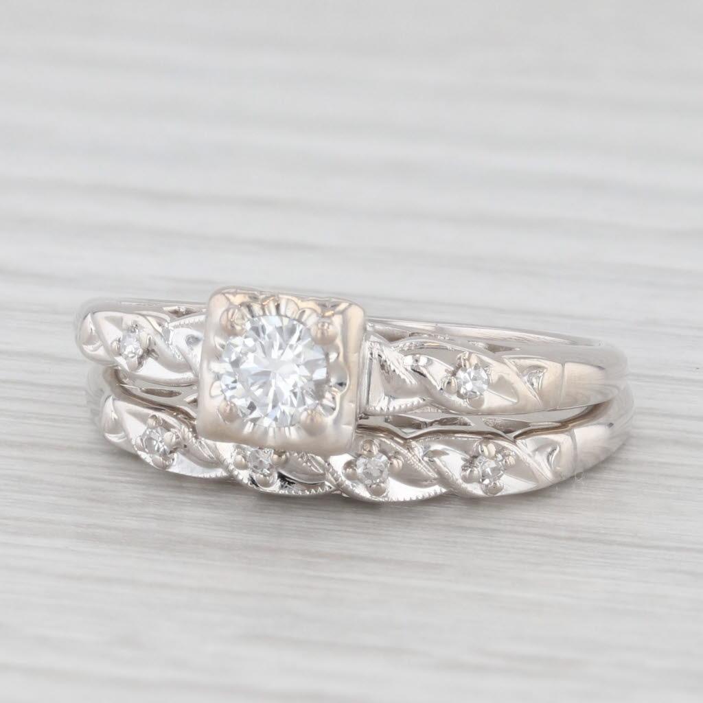 0.24ctw Diamond Engagement Ring Wedding Band Vintage Bridal Set 14K Gold Sz 7.75 2