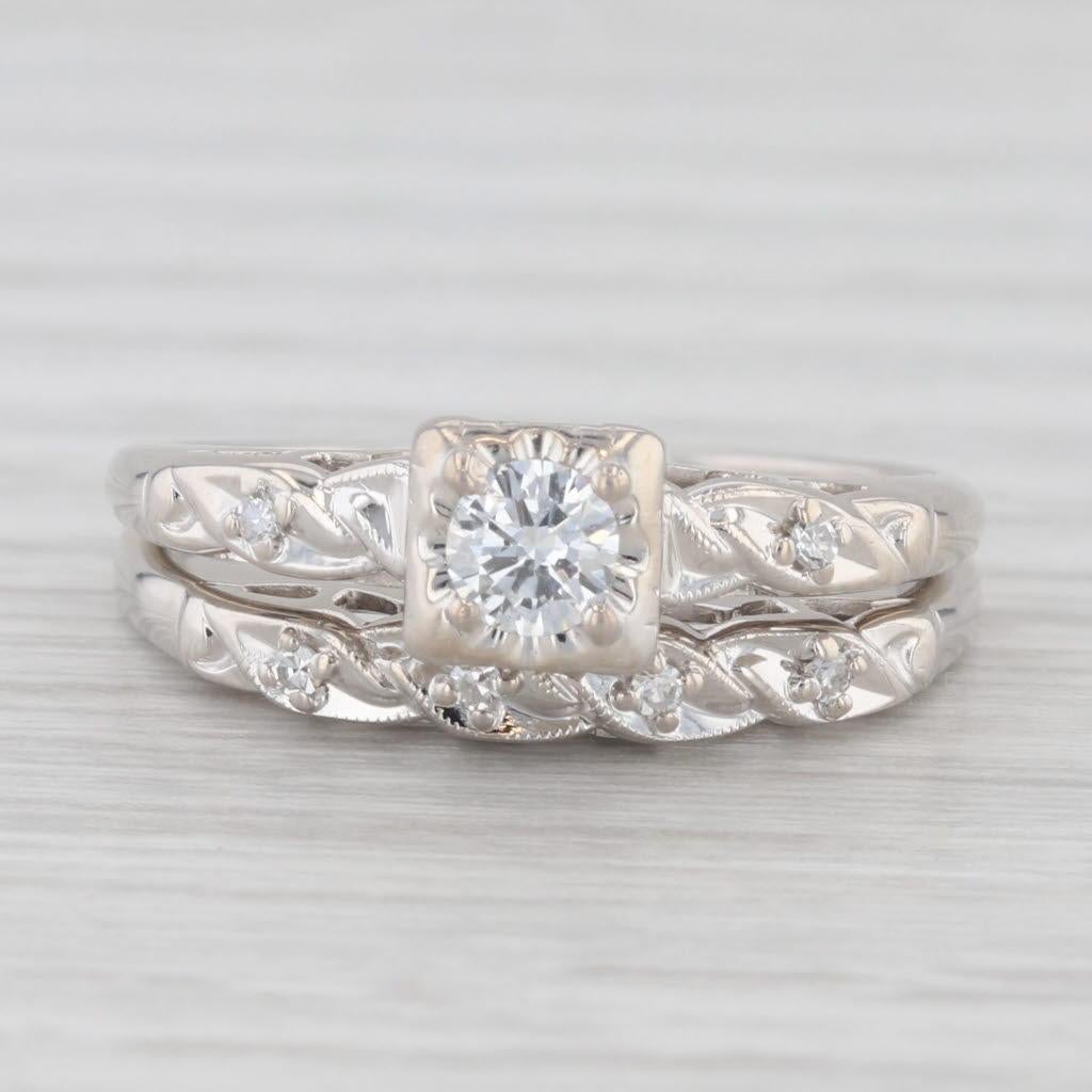 0.24ctw Diamond Engagement Ring Wedding Band Vintage Bridal Set 14K Gold Sz 7.75 3