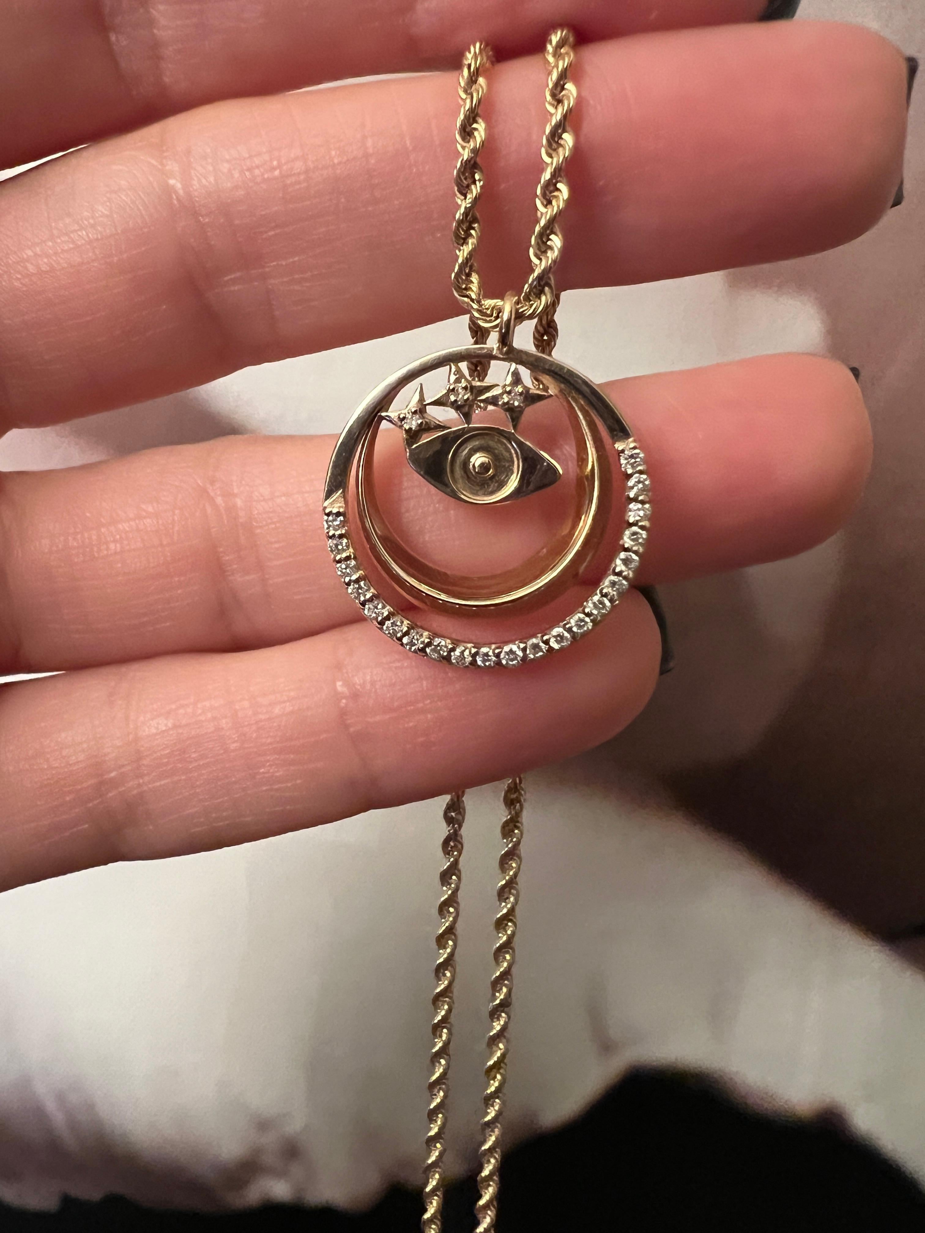 Round Cut 0.24 Carat Diamond Moon, Star and Evil Eye Pendant Necklace  For Sale