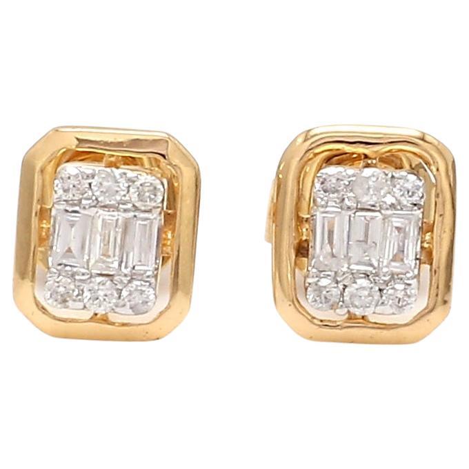 0.25 Carat Baguette Round Diamond Stud Earrings 18 Karat Yellow Gold Jewelry For Sale