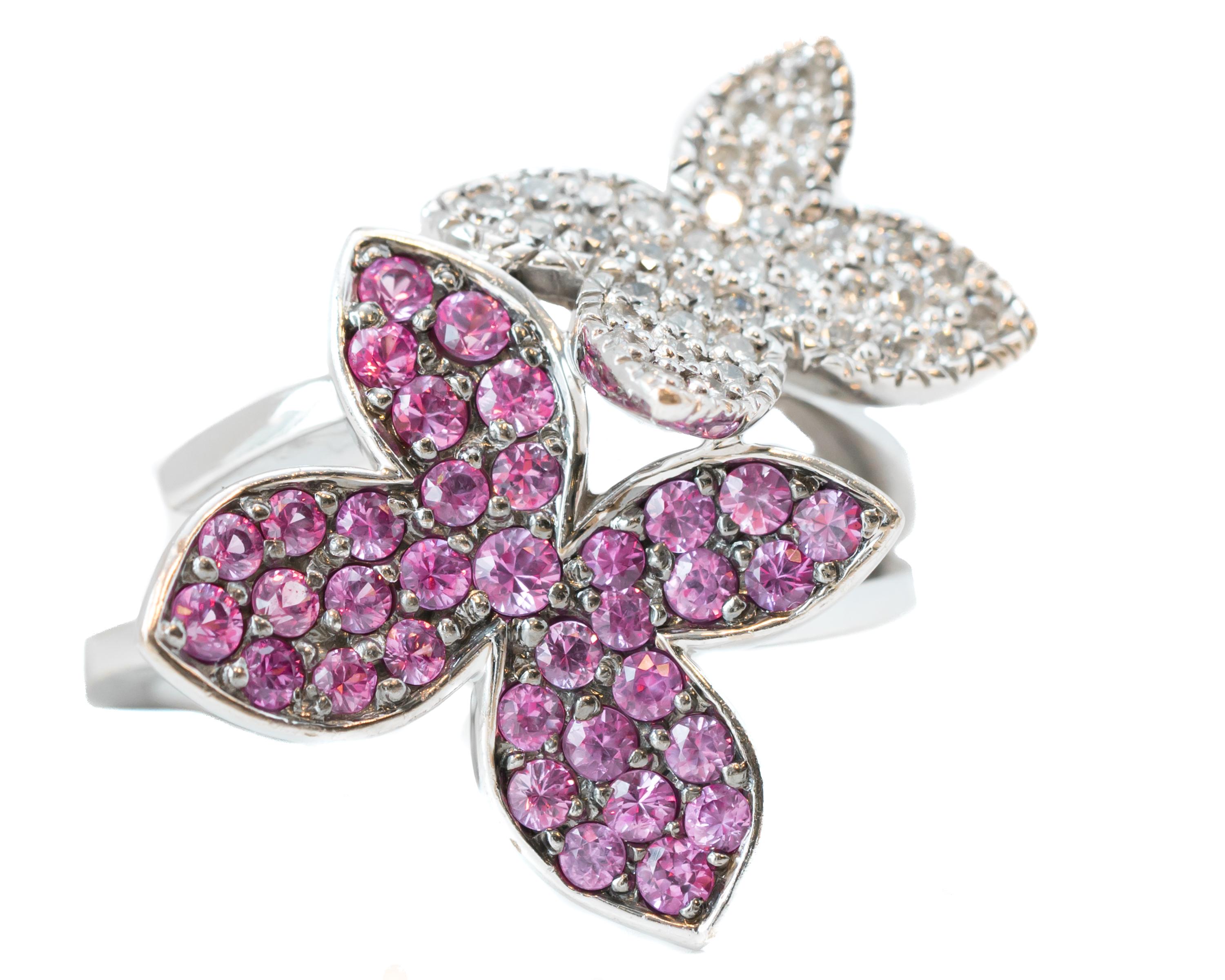 Contemporary 0.25 Carat Diamond and 0.25 Carat Pink Sapphire 14 Karat White Gold Floral Ring