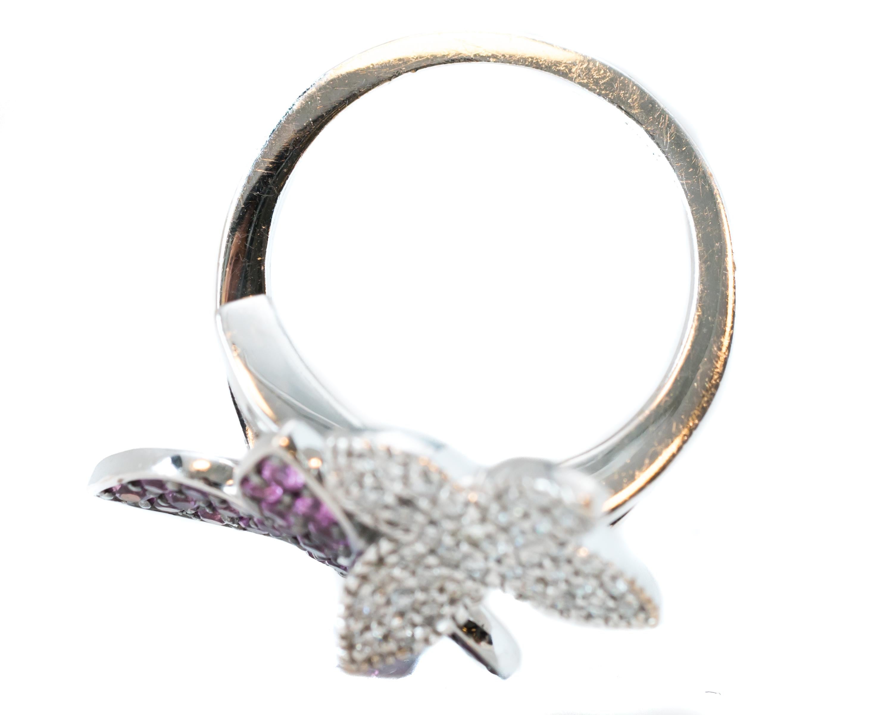 0.25 Carat Diamond and 0.25 Carat Pink Sapphire 14 Karat White Gold Floral Ring In Good Condition In Atlanta, GA