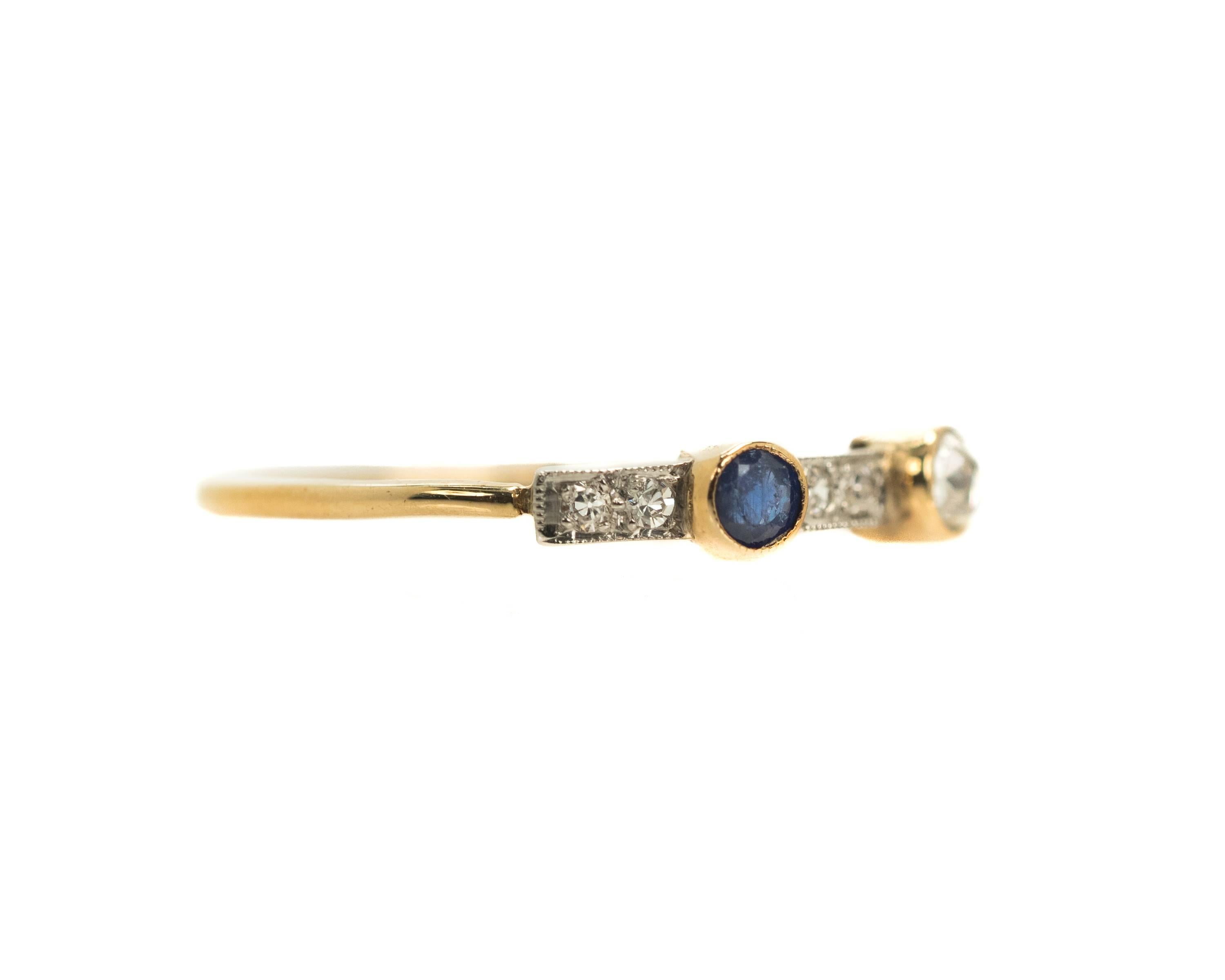Stackable Diamond, Sapphire and 14 Karat Two-Tone Gold Gemstone Ring 

This Stackable Ring features a Blue Sapphire set in 14K Yellow Gold and a Champagne Diamond set in 14K White Gold. The shank is crafted from 14K Yellow Gold. The rich yellow Gold