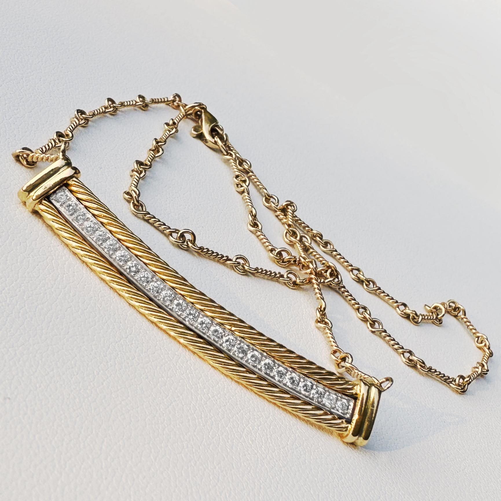 Brilliant Cut 0.25 Carat Diamond Bar Necklace in 18K Gold on Fancy 14K Gold Bar Chain