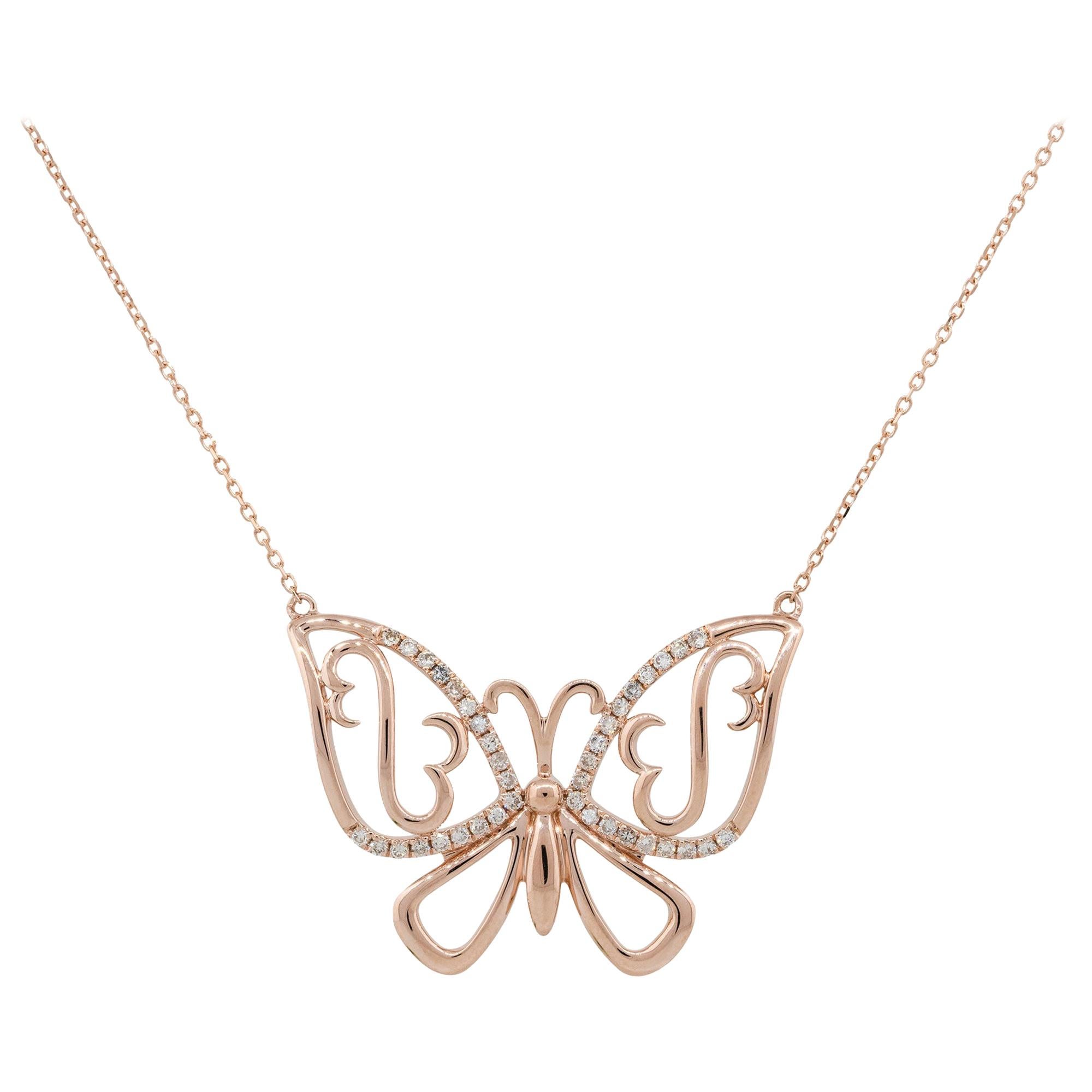 0.25 Carat Diamond Butterfly Pendant Necklace 14 Karat in Stock