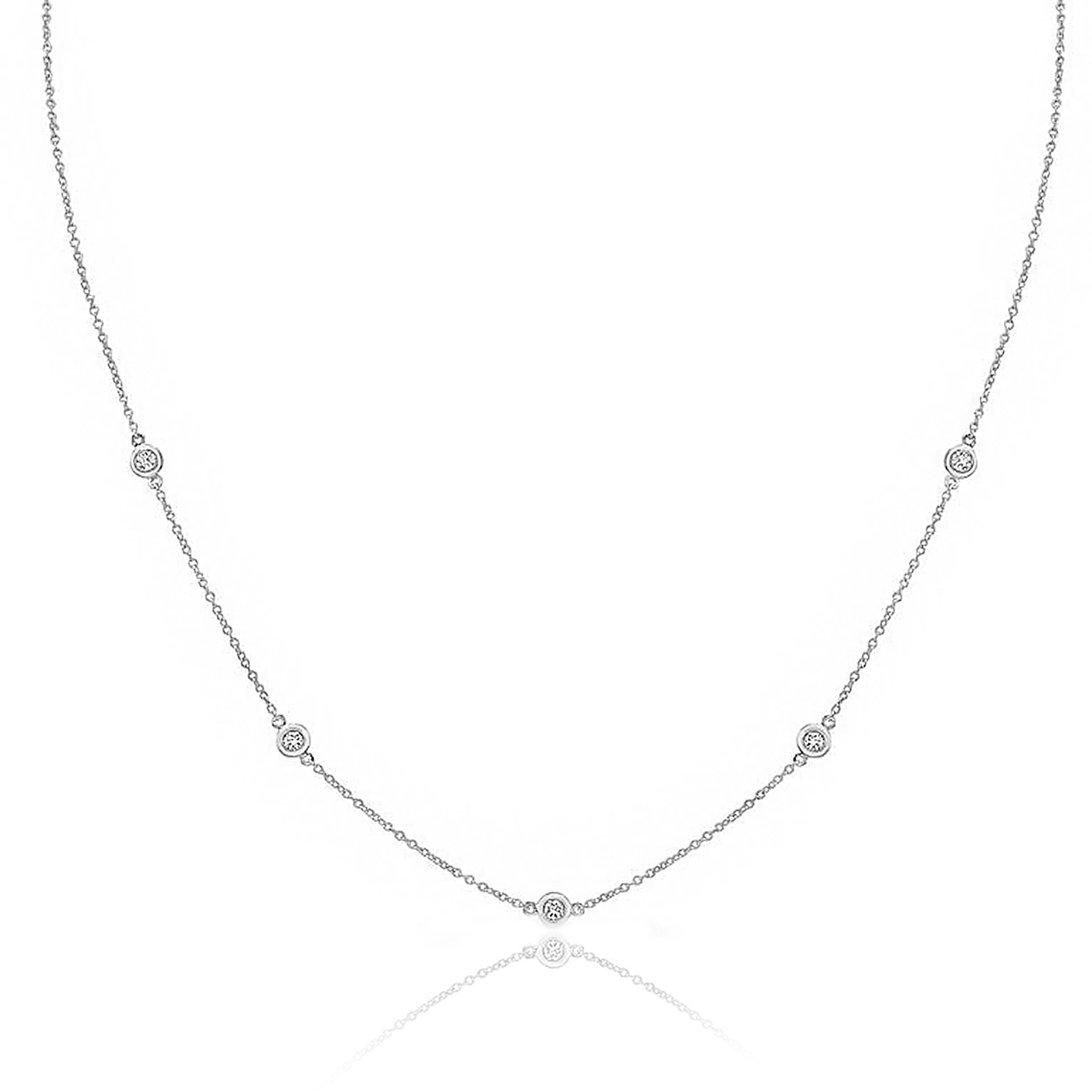A simple yet classic diamond by-the-yard necklace. 5 pieces of diamonds weigh 0.25 carats in total. 

Style is available in different price ranges. Prices are based on your selection. Please contact us for more information.