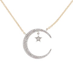 0.25 Carat Diamond Crescent Moon and Star White & Yellow Gold Pendant Necklace