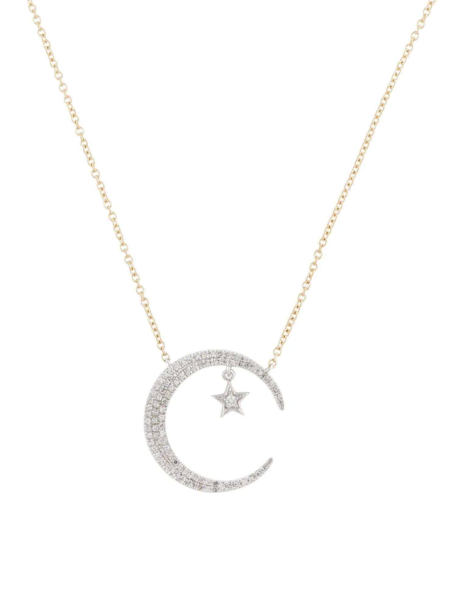 Round Cut 0.25 Carat Diamond Crescent Moon and Star White & Yellow Gold Pendant Necklace For Sale