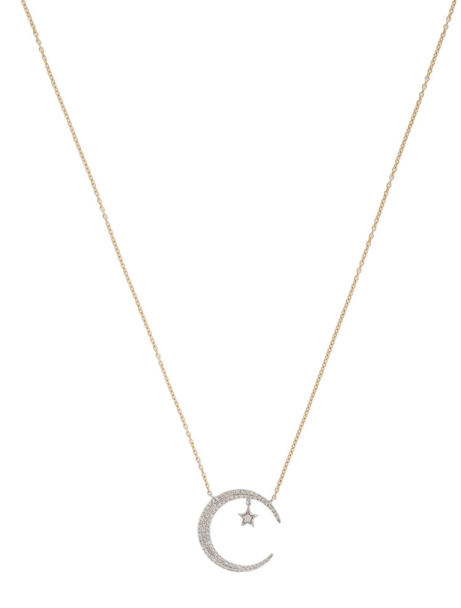 0.25 Carat Diamond Crescent Moon and Star White & Yellow Gold Pendant Necklace In New Condition For Sale In Great Neck, NY