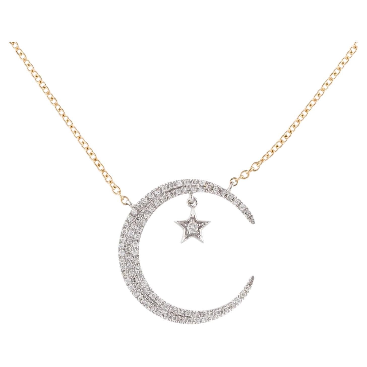 0.25 Carat Diamond Crescent Moon and Star White & Yellow Gold Pendant Necklace For Sale