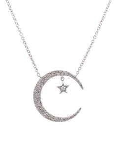 0.25 Carat Diamond Crescent Moon & Star White Gold Pendant Necklace