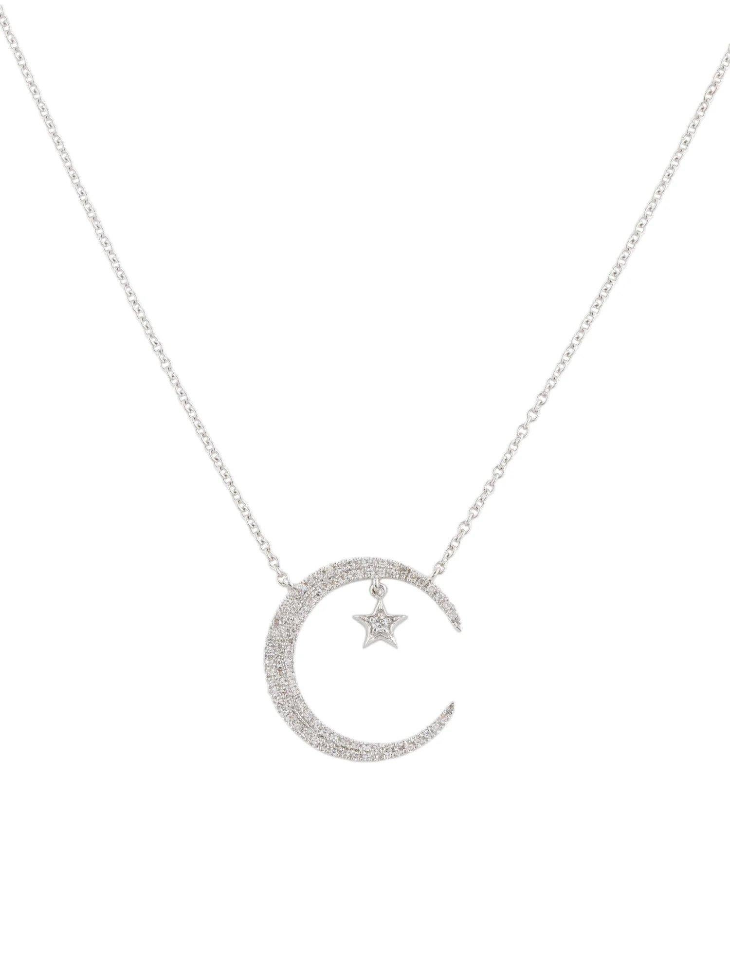Round Cut 0.25 Carat Diamond Crescent Moon & Star White Gold Pendant Necklace For Sale
