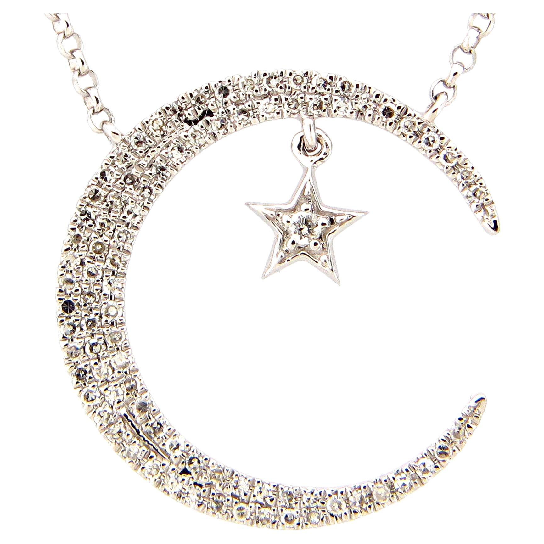 Women's or Men's 0.25 Carat Diamond Crescent Moon & Star White Gold Pendant Necklace For Sale