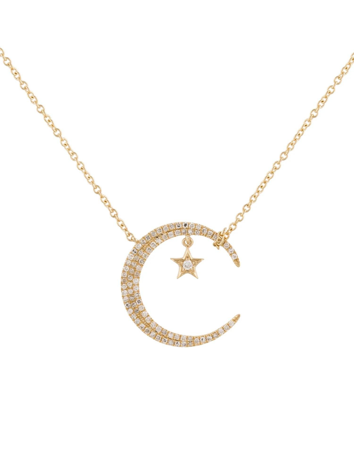 Round Cut 0.25 Carat Diamond Crescent Moon & Star Yellow Gold Pendant Necklace For Sale