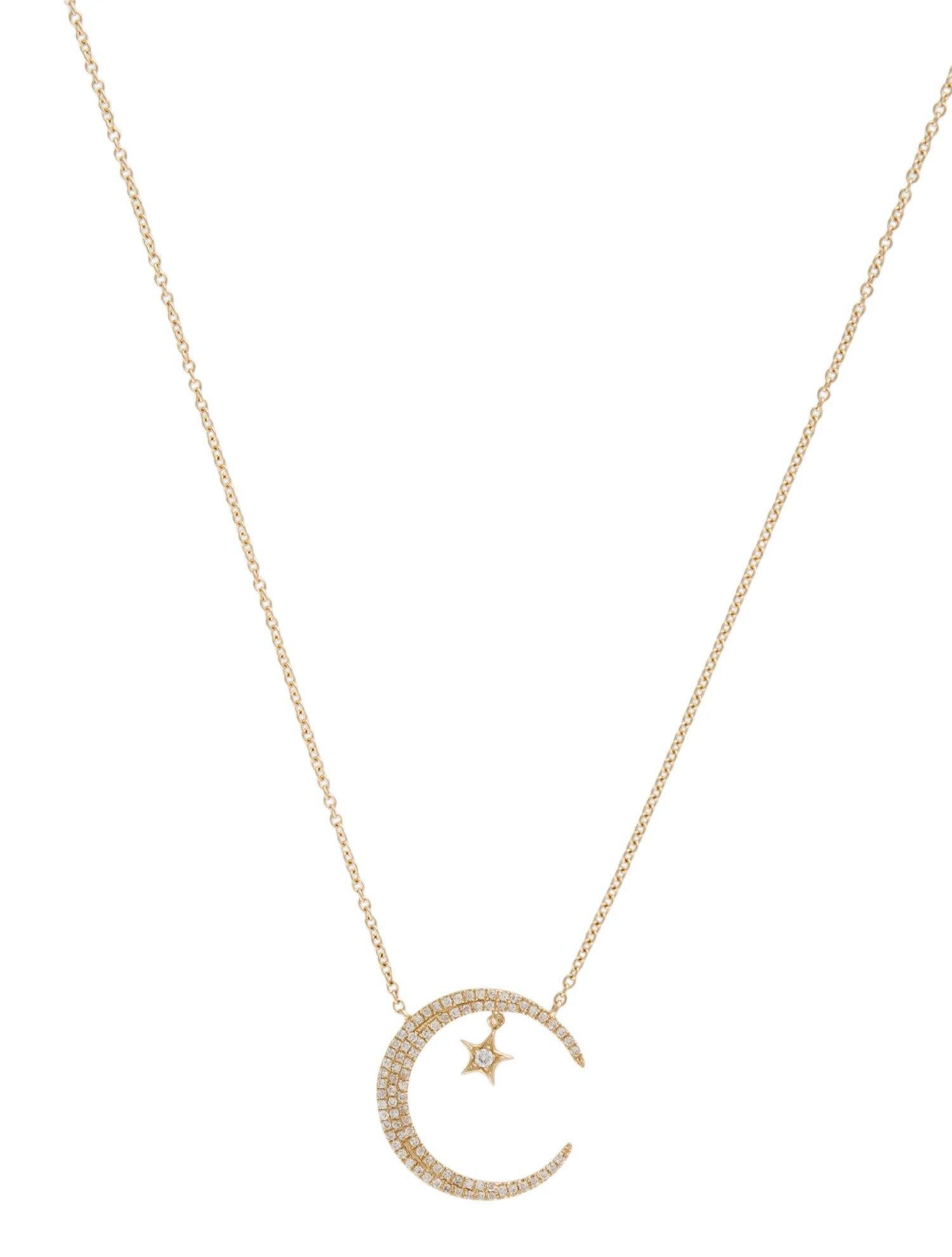 0.25 Carat Diamond Crescent Moon & Star Yellow Gold Pendant Necklace In New Condition For Sale In Great Neck, NY