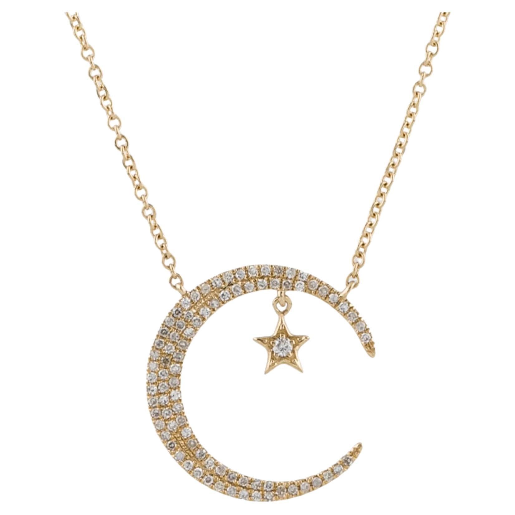 0.25 Carat Diamond Crescent Moon & Star Yellow Gold Pendant Necklace For Sale