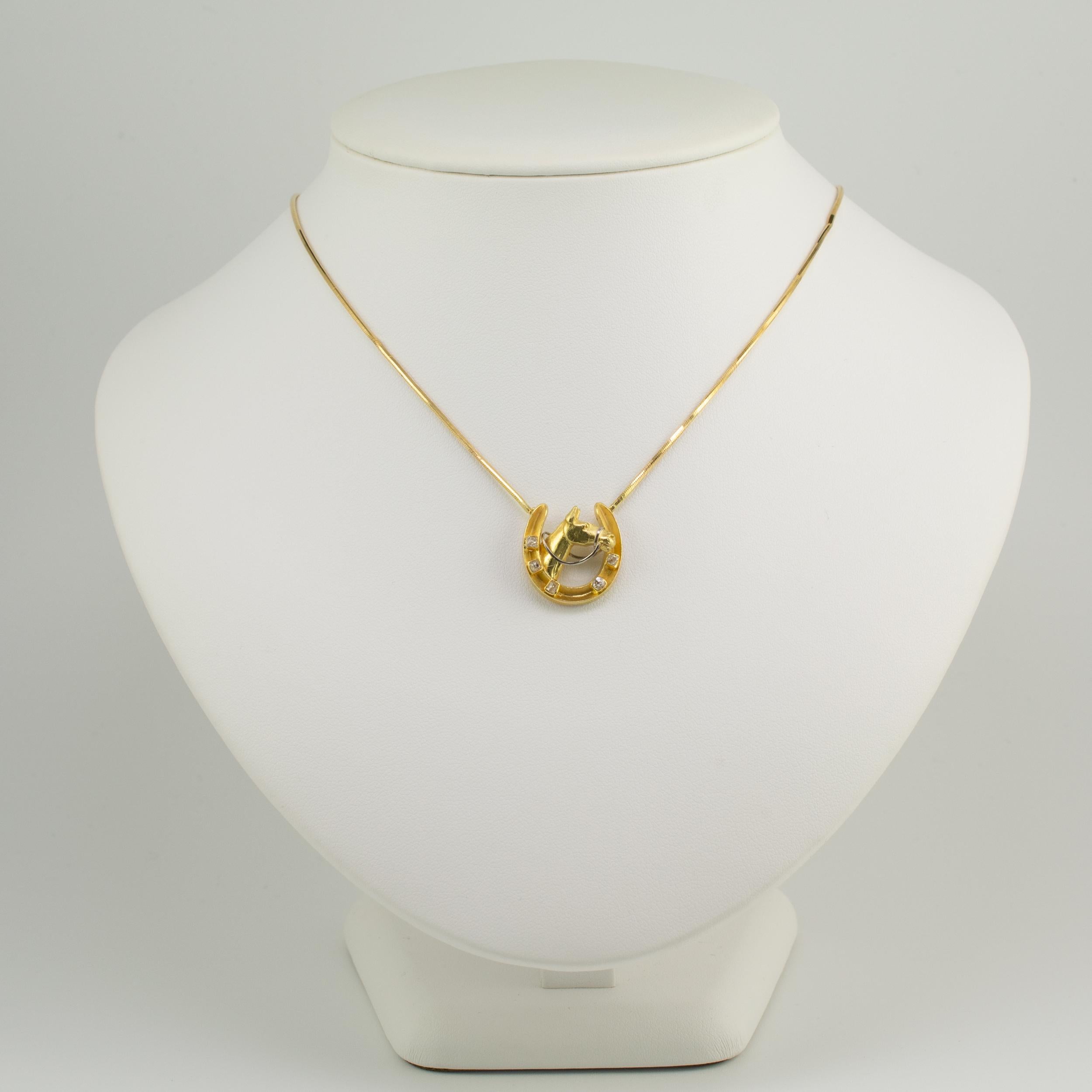 Women's Diamond Horseshoe Pendant Necklace 18 Karat Gold with Split Chain circa 1970s For Sale