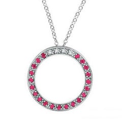 0.25 Carat Diamond & Pink Sapphire Circle Pendant Necklace 14K White Gold