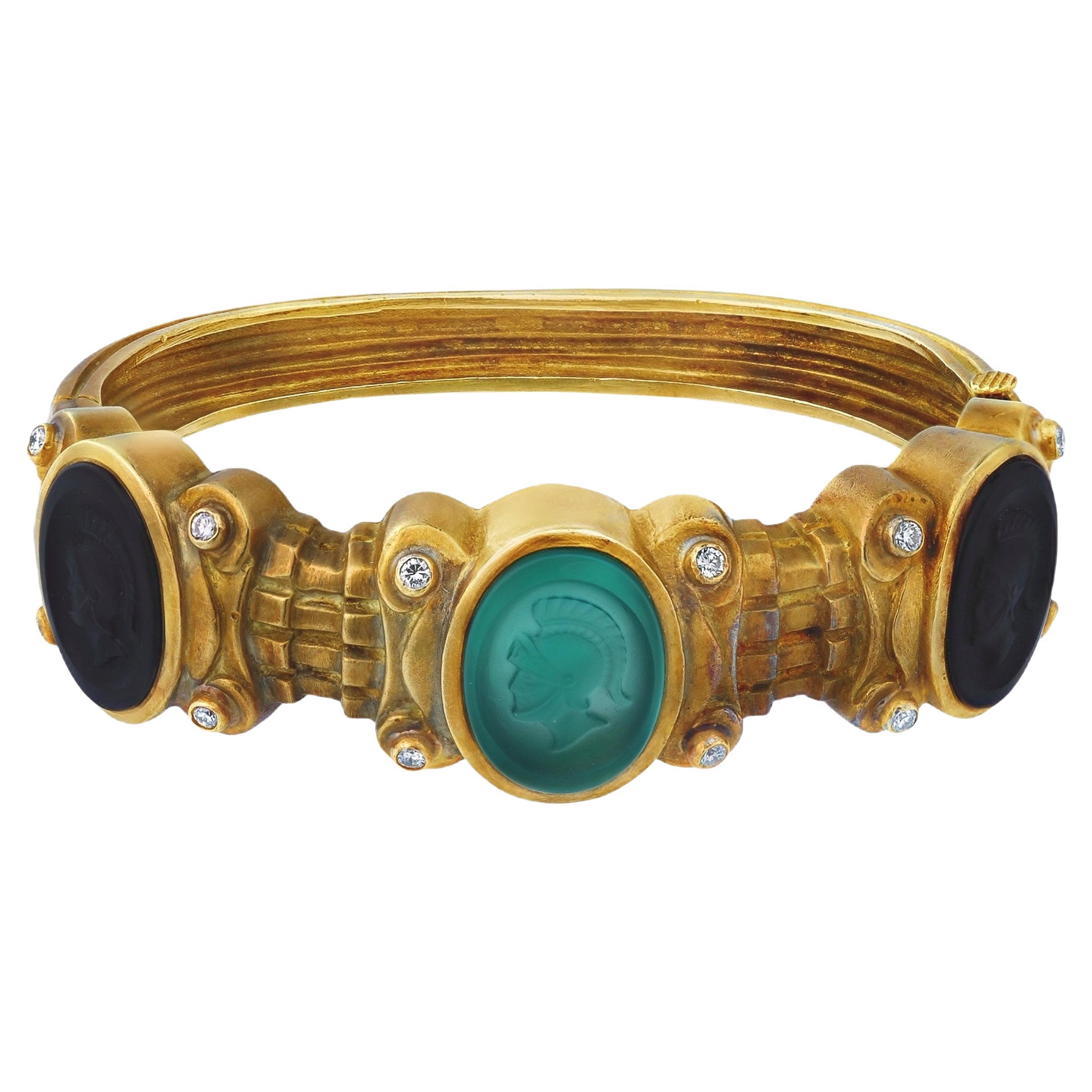 0.25 Carat Diamond Roman Warrior Intaglio Bangle Bracelet in Yellow Gold For Sale
