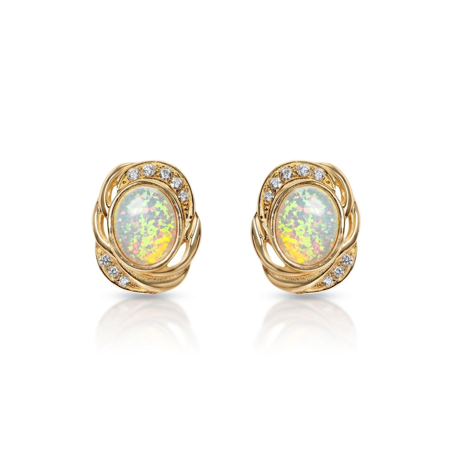 Opal central stone
Diamond button Earrings:

Total Carat Weight: 0.25 Carats
Number of Diamonds: 16 diamonds
Shape: Round Brilliant Cut
Metal: 14 Karat Yellow Gold
Style: Stud Earrings