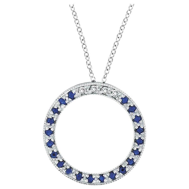 0.25 Carat Diamond & Sapphire Circle Pendant Necklace 14K White Gold