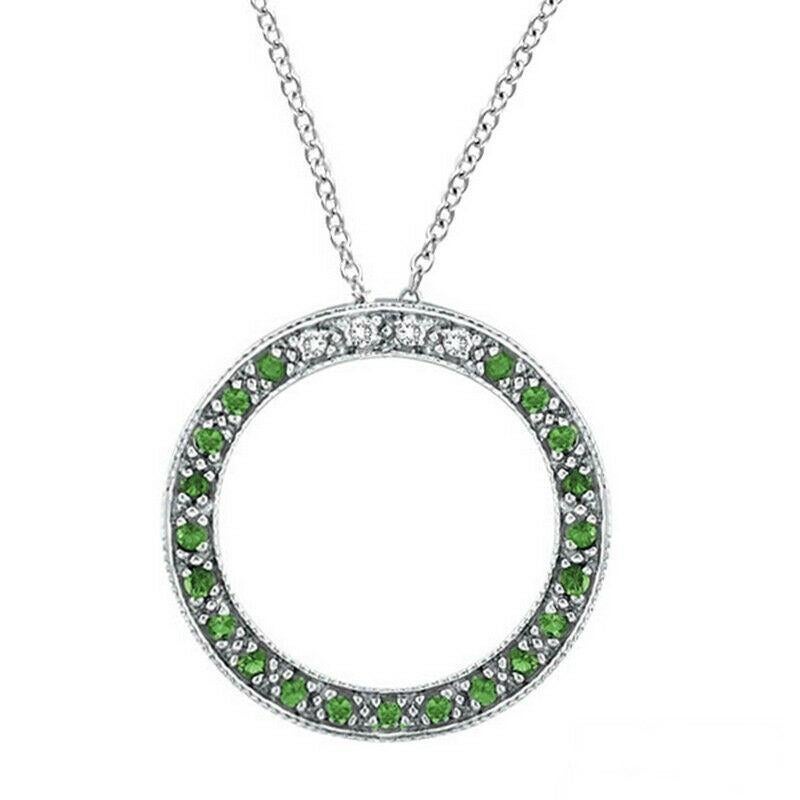 Round Cut 0.25 Carat Diamond & Tsavorite Circle Pendant Necklace 14K White Gold For Sale