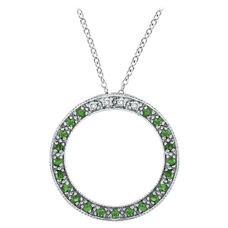 0.25 Carat Diamond & Tsavorite Circle Pendant Necklace 14K White Gold