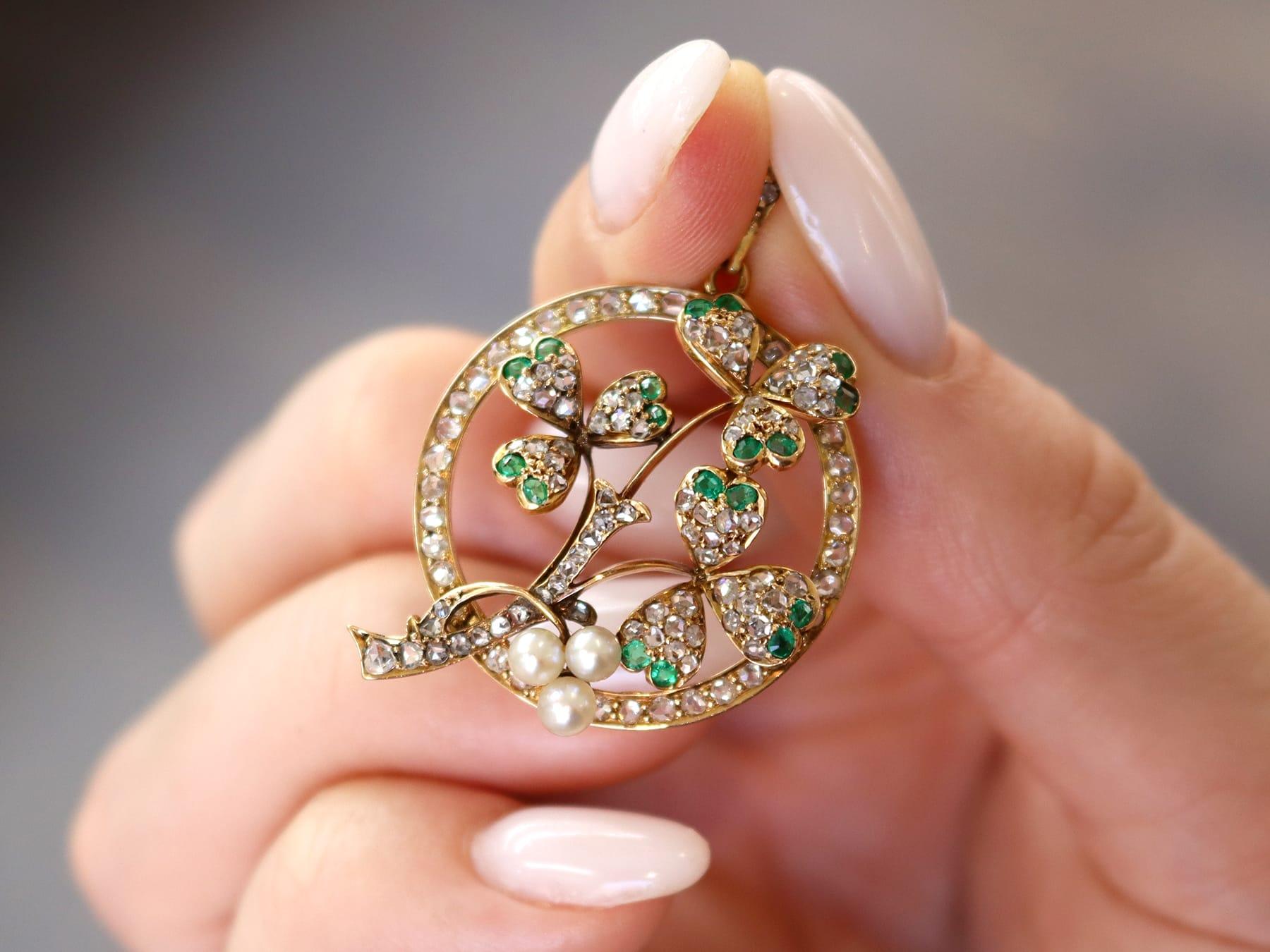 Victorian 0.25 Carat Emerald 0.48 Carat Diamond Pearl 15k Yellow Gold Pendant Circa 1890 For Sale