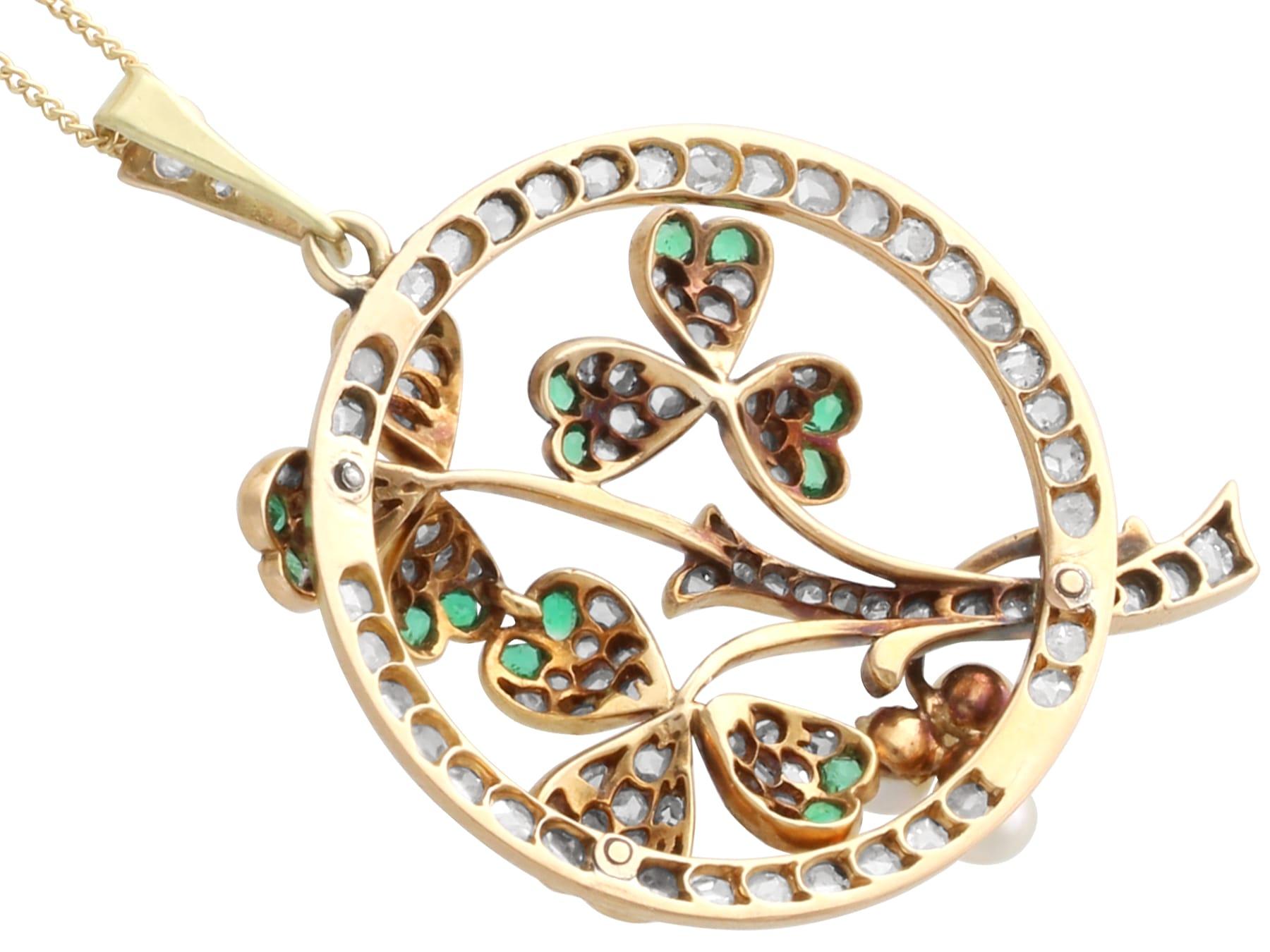 0.25 Carat Emerald 0.48 Carat Diamond Pearl 15k Yellow Gold Pendant Circa 1890 For Sale 1