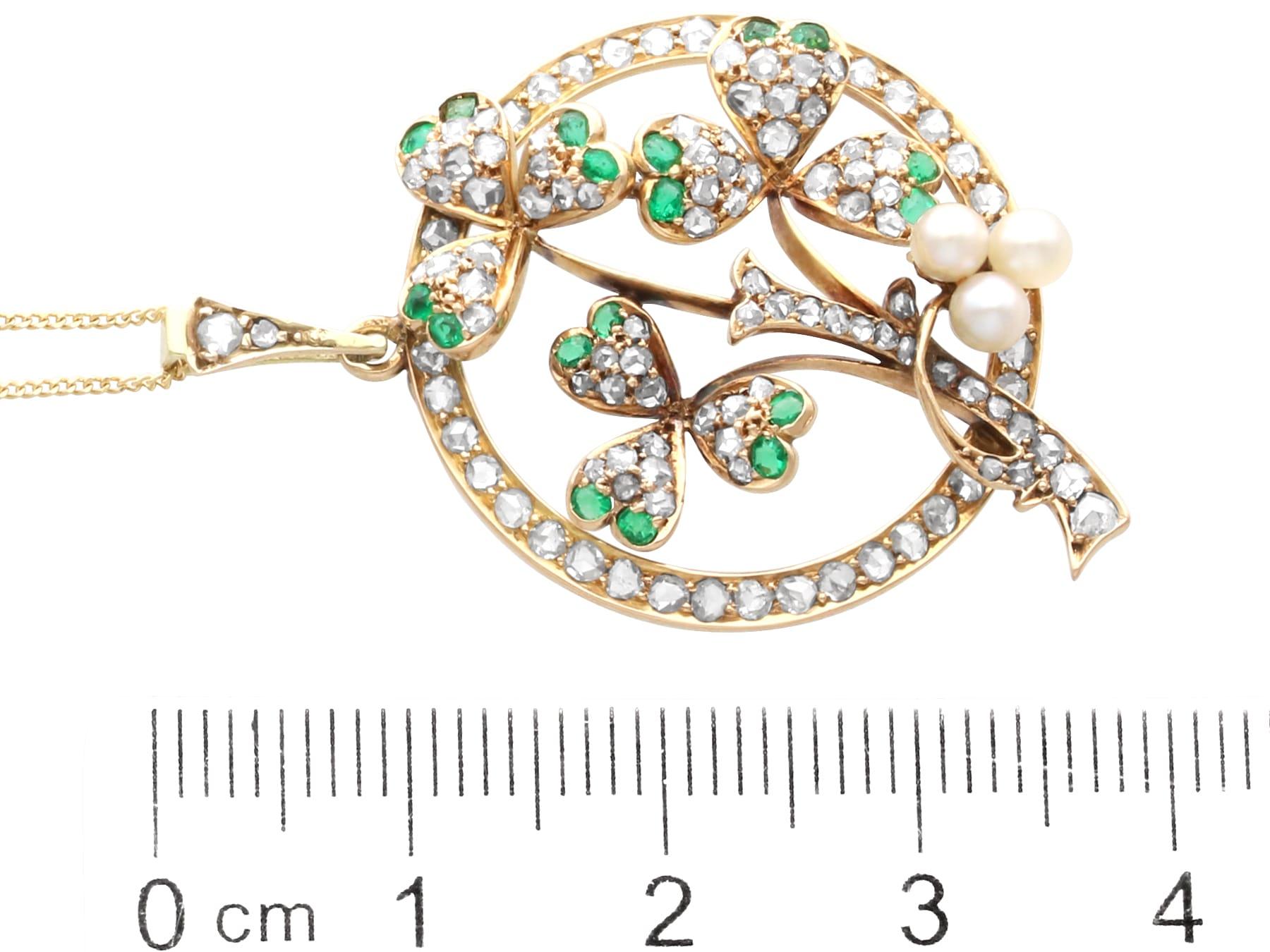 0.25 Carat Emerald 0.48 Carat Diamond Pearl 15k Yellow Gold Pendant Circa 1890 For Sale 2