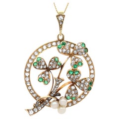 0.25 Carat Emerald 0.48 Carat Diamond Pearl 15k Yellow Gold Pendant Circa 1890