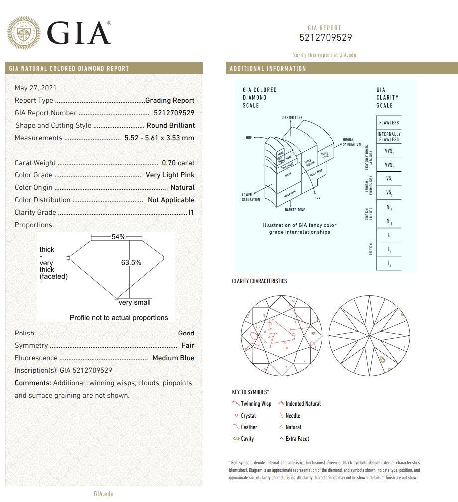 0.70 Carat Very Light Pink Round cut diamond I1 Clarity GIA Certified For Sale 1