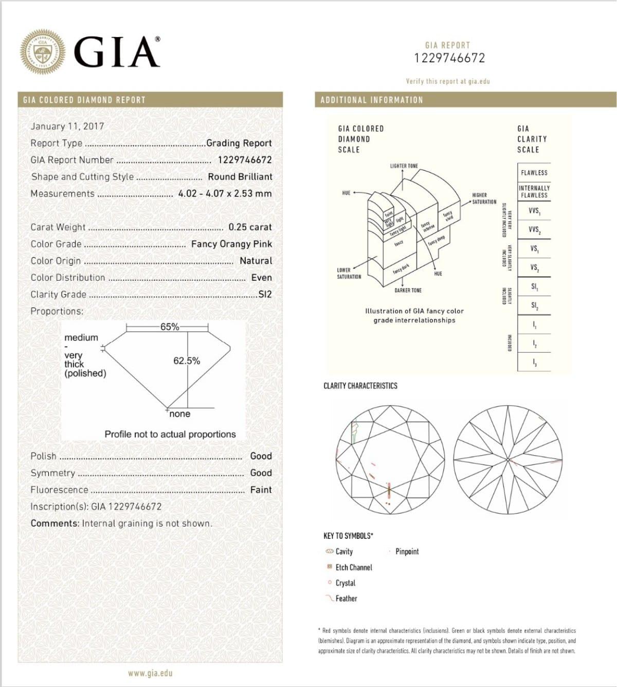 0.25 Carat Fancy Orange Pink Round Cut Diamond SI2 Clarity GIA Certified For Sale 1