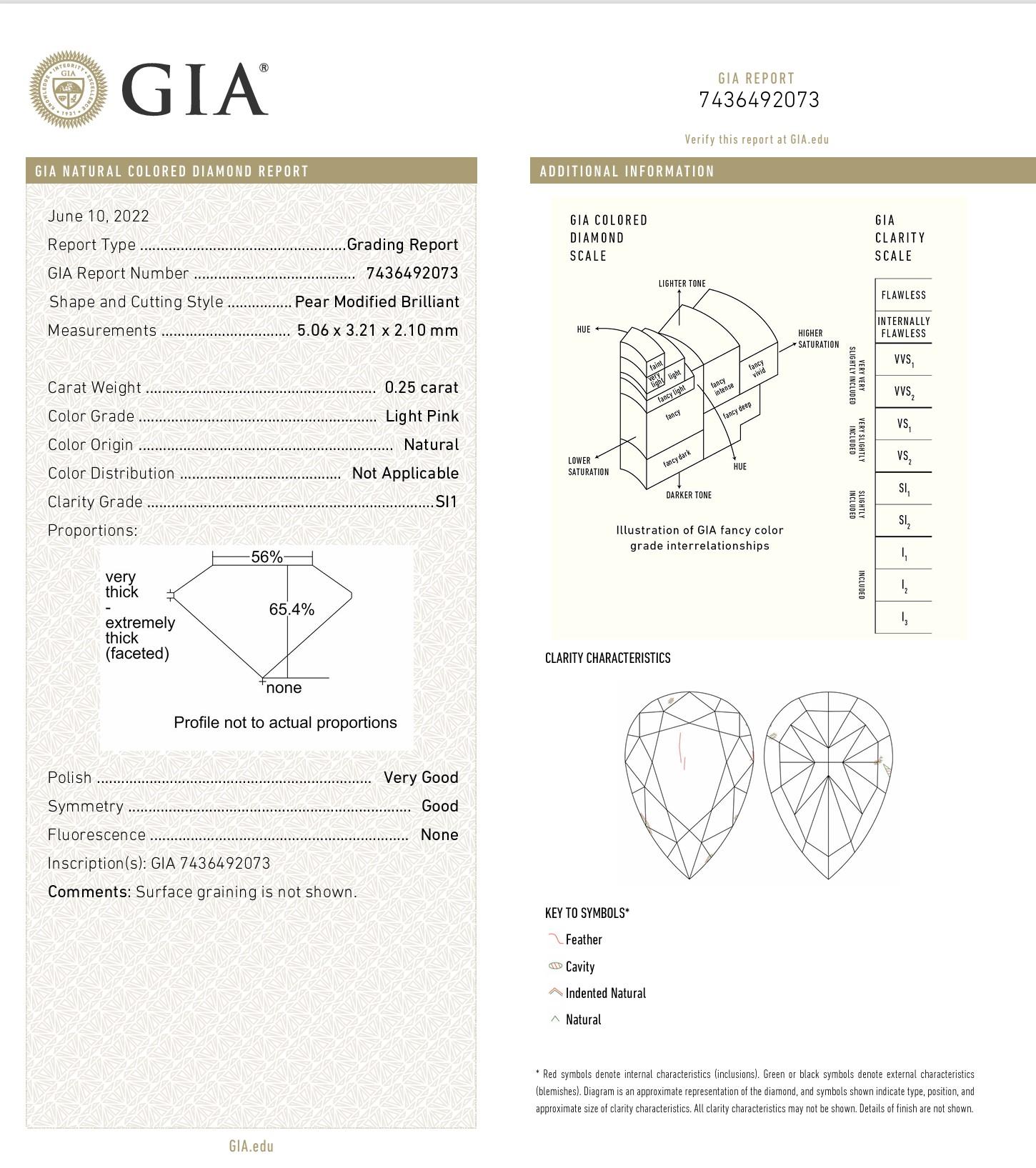 Diamant rose clair taille poire de 0,25 carat de pureté SI1 certifié GIA en vente 1