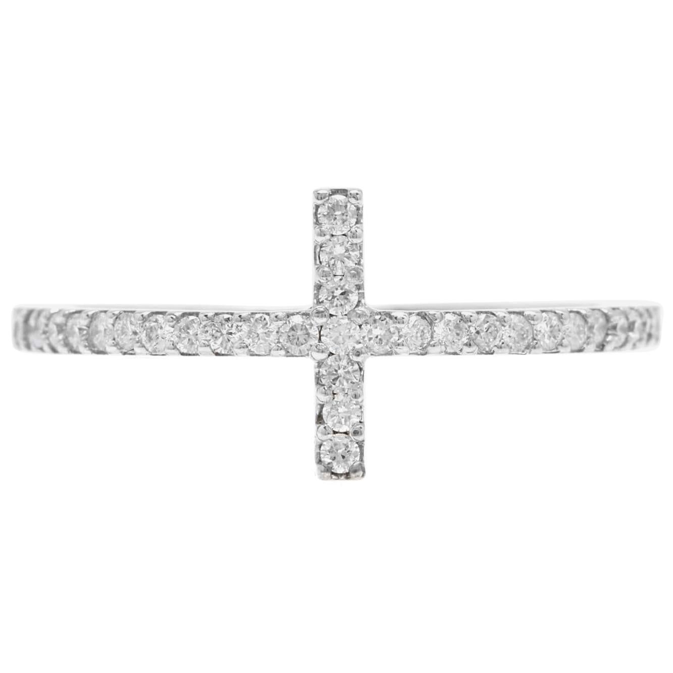 Bague croix en or blanc massif 14 carats avec diamants naturels de 0,25 carat en vente