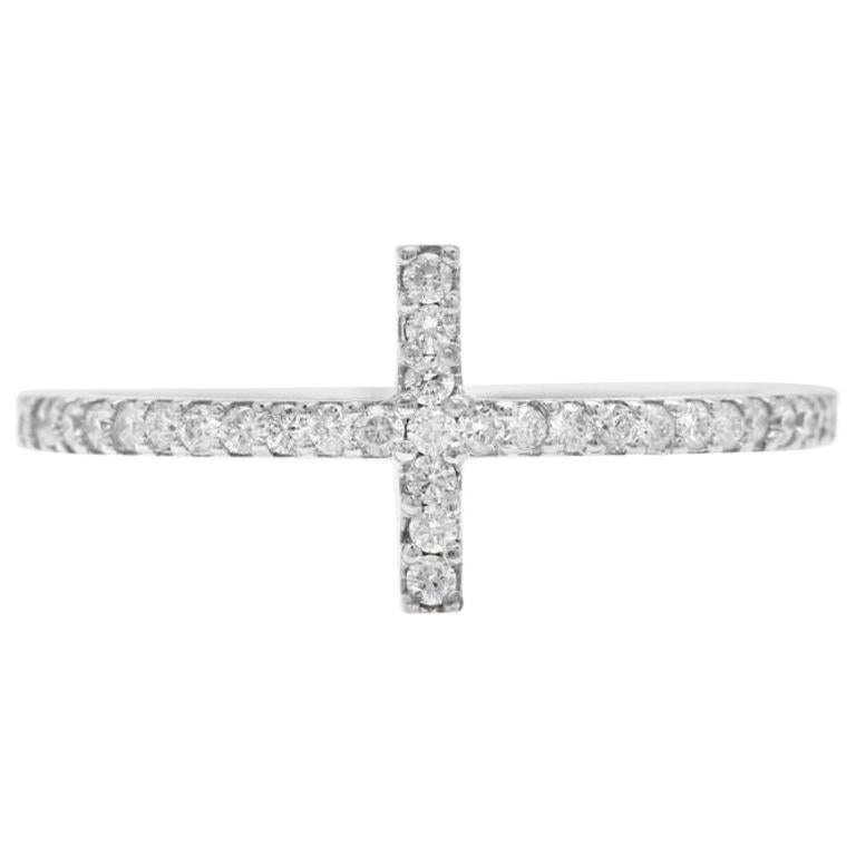 Bague croix en or blanc massif 14 carats avec diamants naturels de 0,25 carat en vente