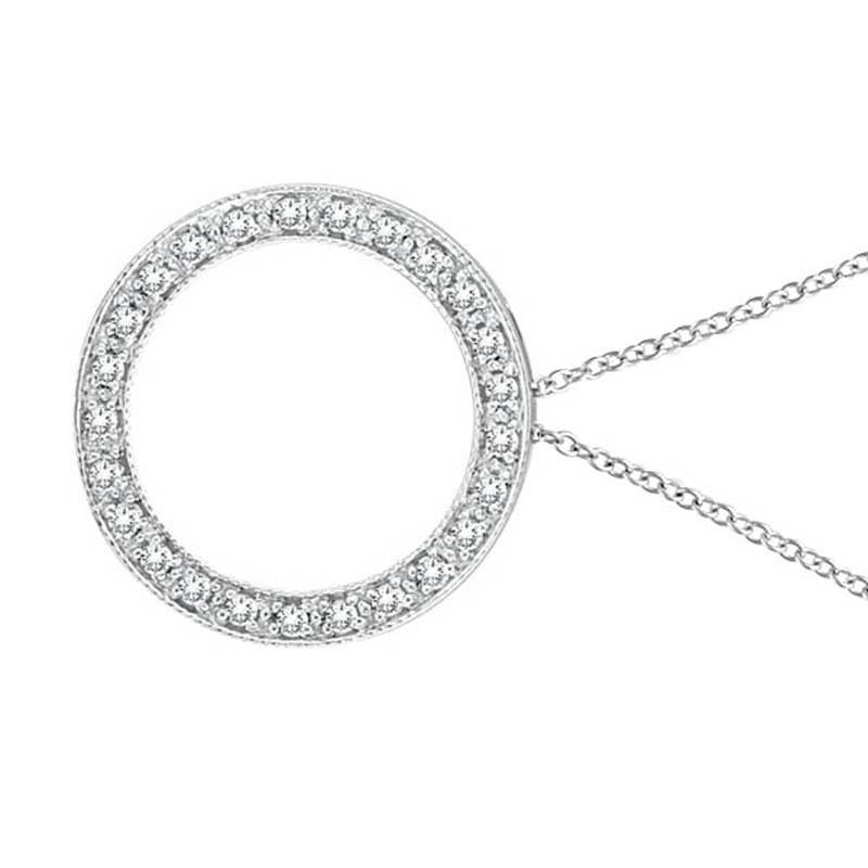 0.25 Carat Natural Diamond Circle Pendant Necklace 14K White Gold

100% Natural Diamonds, Not Enhanced in any way Round Cut Diamond Necklace with 18'' chain
0.25CT
G-H
SI
14K White Gold Prong style 2.7 gram
6/8 inches in diameter
25