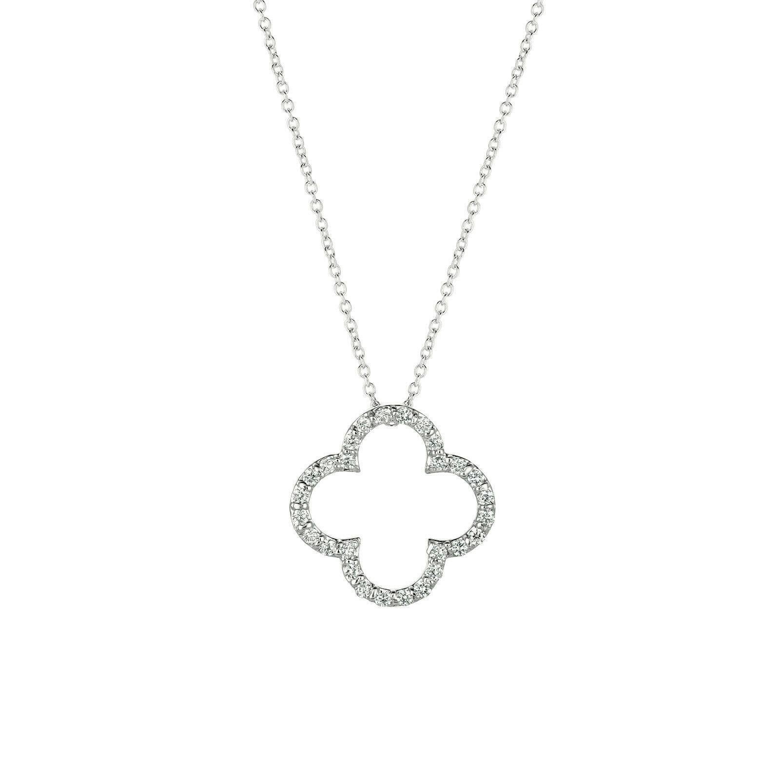 Contemporary 0.25 Carat Natural Diamond Clover Pendant Necklace 14K White Gold Chain For Sale