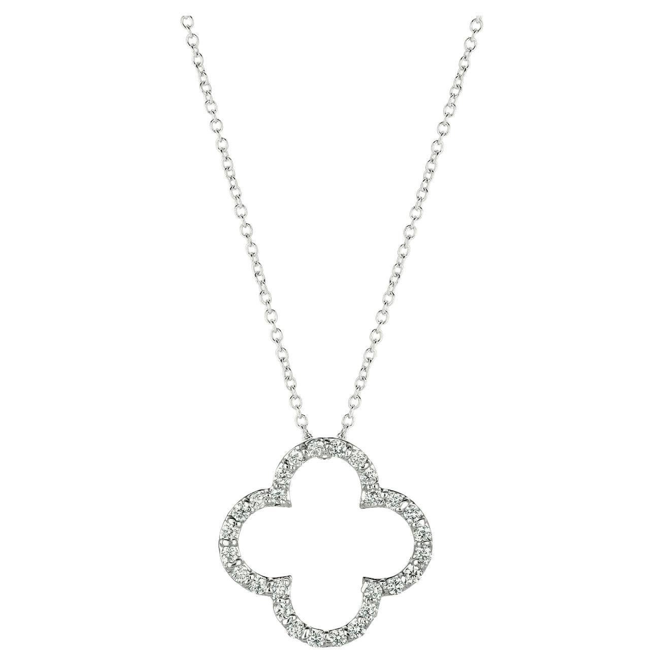 0.25 Carat Natural Diamond Clover Pendant Necklace 14K White Gold Chain For Sale