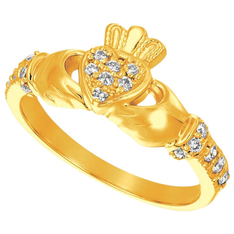 0.25 Carat Natural Diamond Crown Heart Ring G SI 14 Karat Yellow Gold For Sale