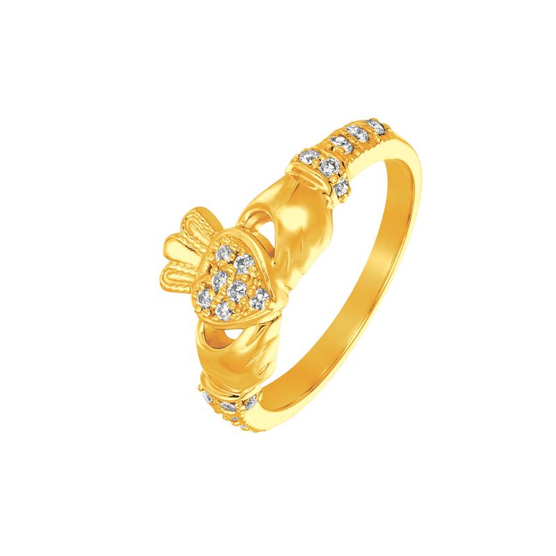 Round Cut 0.25 Carat Natural Diamond Crown Heart Ring G SI 14 Karat Yellow Gold For Sale