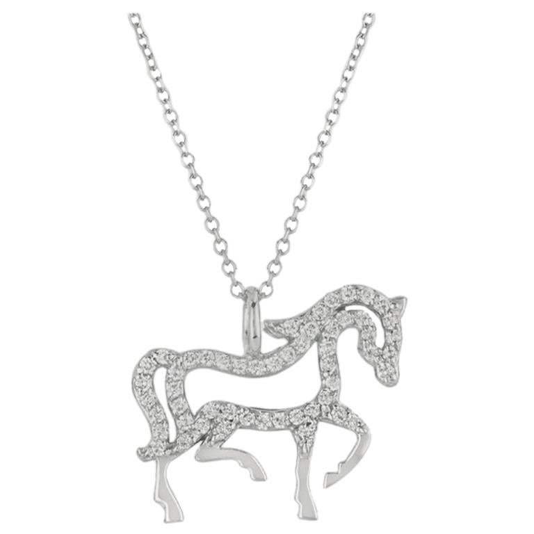 Collier pendentif cheval en or blanc 14 carats avec diamants naturels de 0,25 carat et chaîne G SI