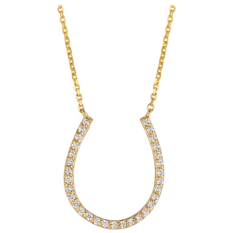 0.25 Carat Natural Diamond Horseshoe Necklace Pendant 14 Karat Yellow Gold Chain For Sale