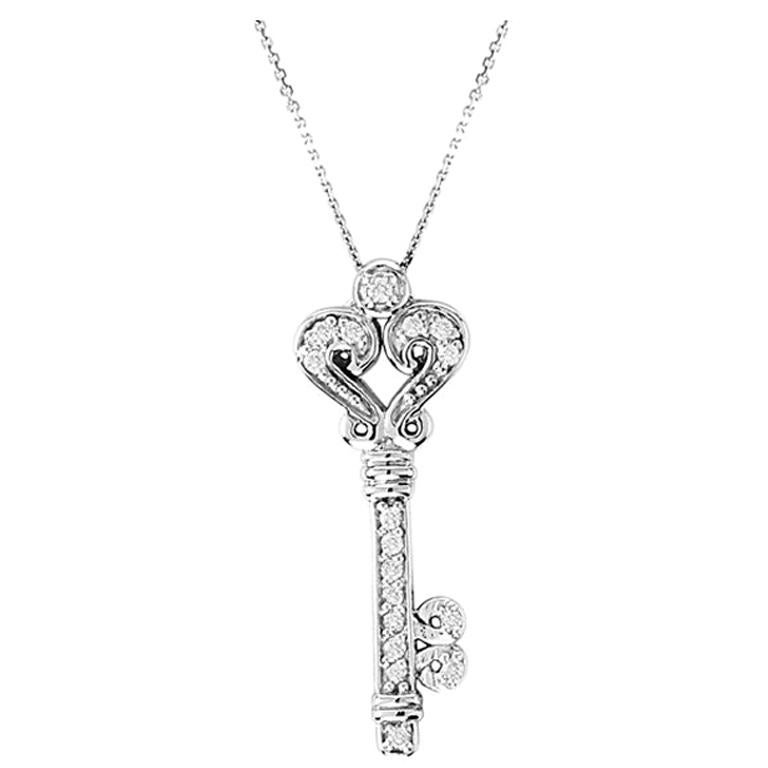 Collier pendentif clé en or blanc 14 carats avec chaîne et diamants naturels de 0,25 carat